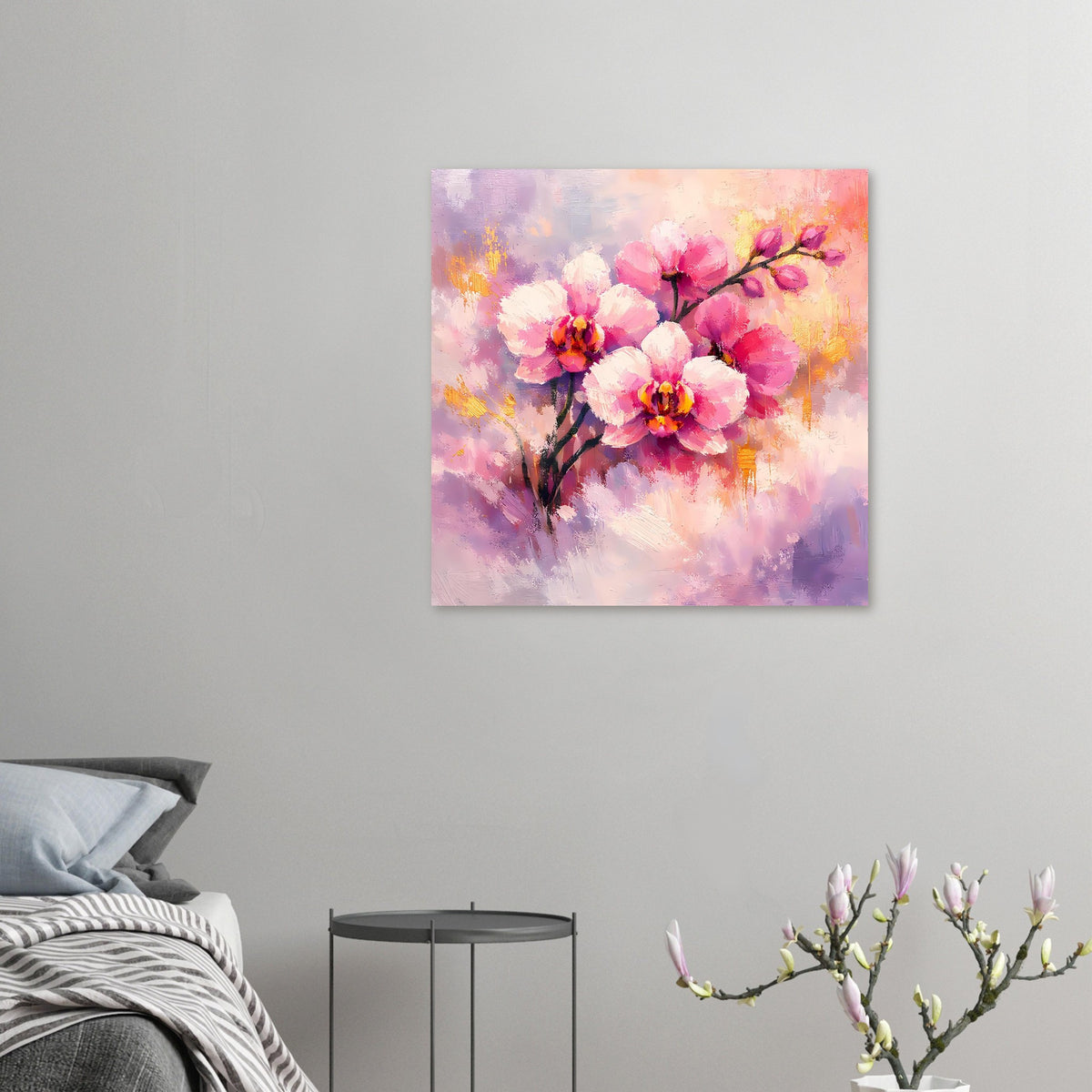 Poster mit rosa Blütenorchideen und abstrakter Baumkrone, goldene Akzente