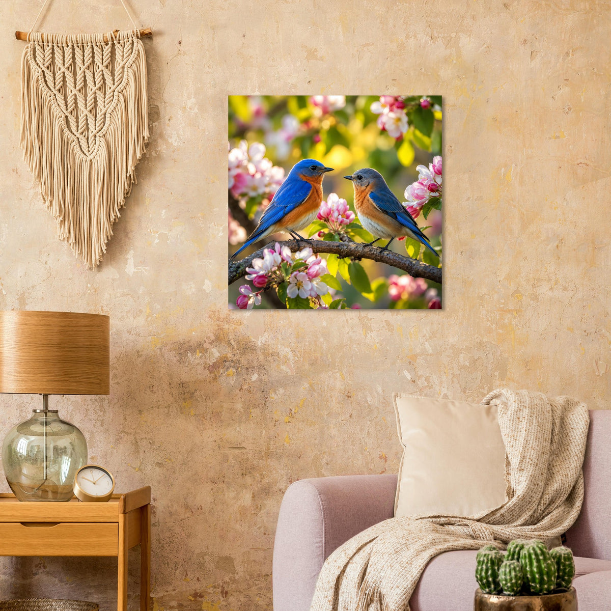 Poster mit zwei Blaumeisen auf einem Ast mit rosa Blüten