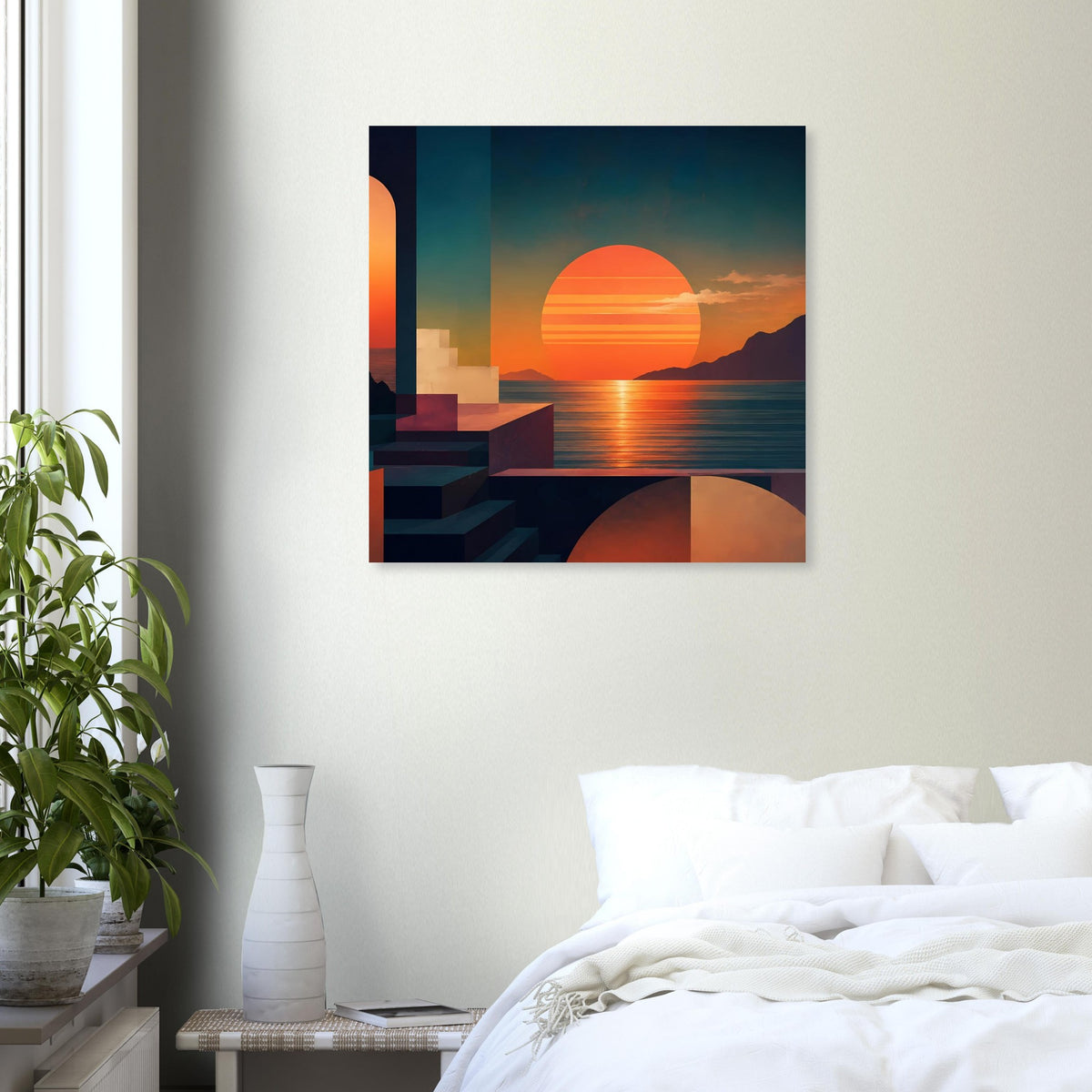 Gerahmter Kunstdruck: Sonnenuntergang am Meer, reflektierendes Wasser und architektonische Stufen