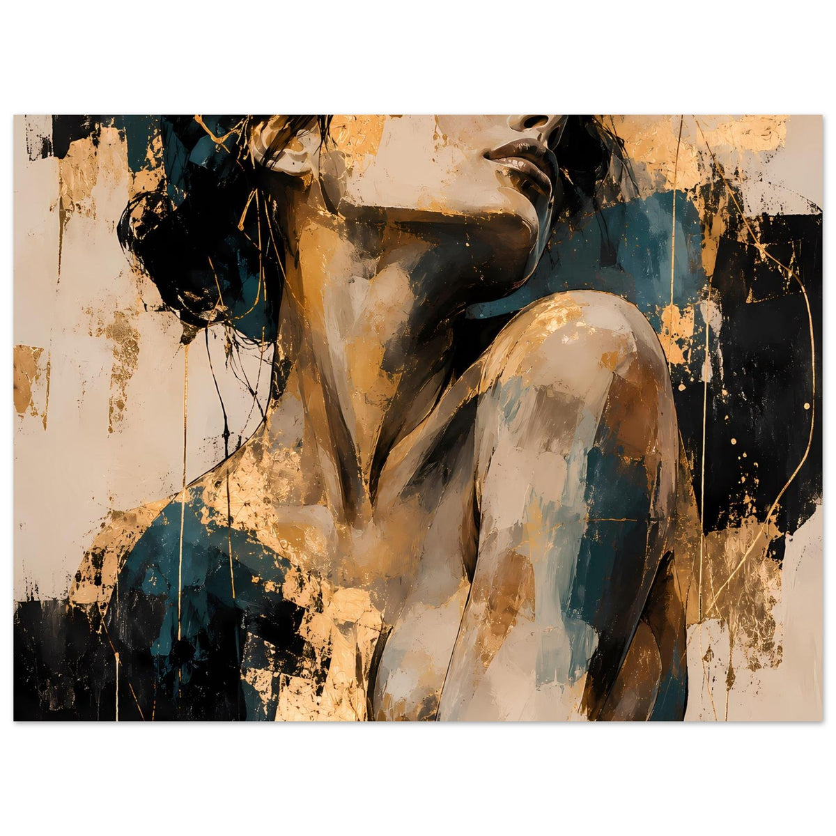 Gerahmtes Kunstposter: Aktfrau mit melierter Farbfläche in Beige, Blaugrün und Gold
