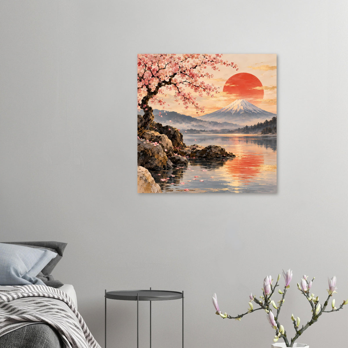 Kleines Wandposter mit Kirschblüten, Mount Fuji, roter Sonne und ruhigem Seeufer