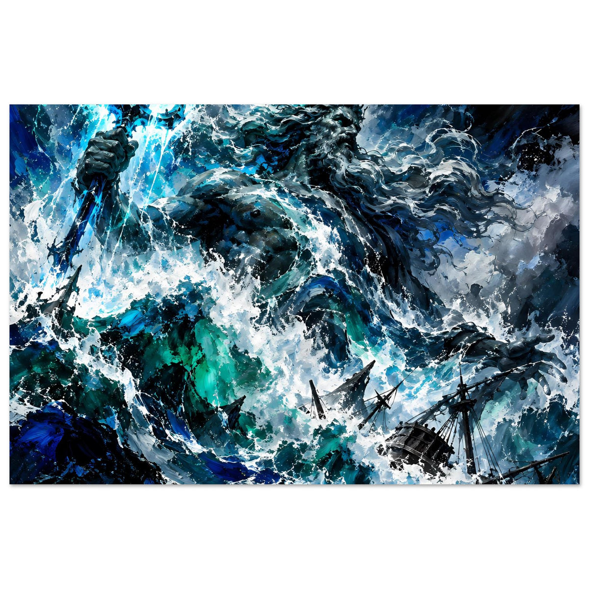 Wandposter Meeresturm: Poseidon-Figur über aufgewühltem Meer, blaues Fantasy-Illustrationsmotiv