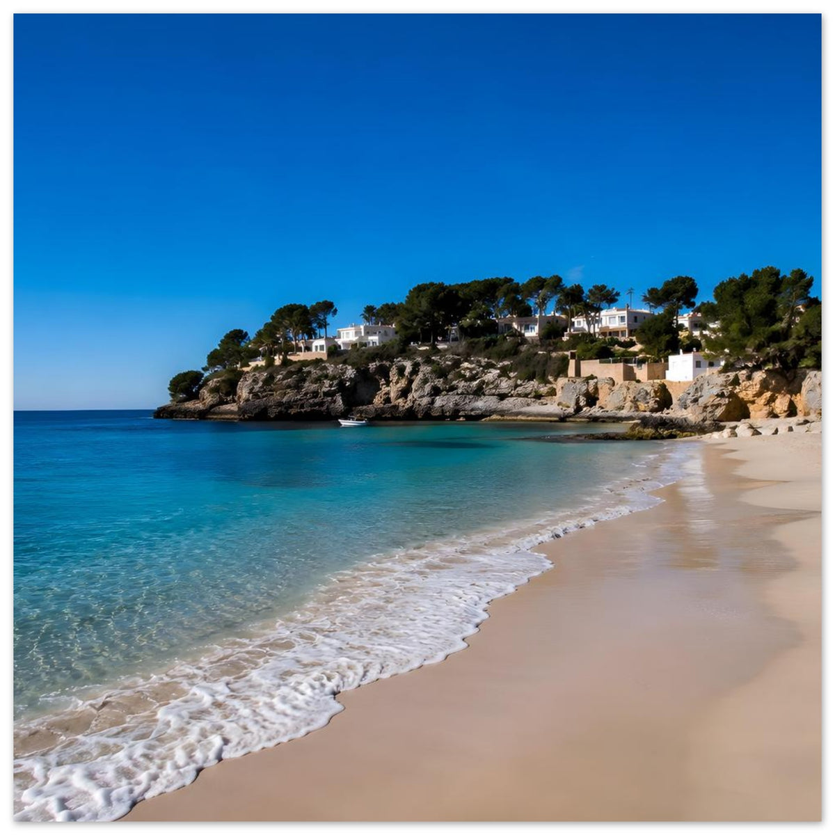 Poster Meer-Bucht: türkisblaues Meer, Sandstrand, Felsenküste und weiße Häuser am Ufer