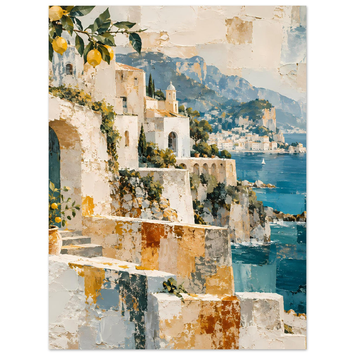Kunstposter mit Küstenblick: ockerfarbene Architektur, tiefblaues Wasser und Berge im Hintergrund