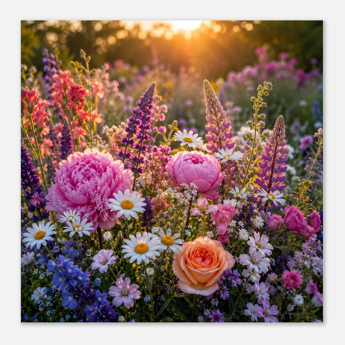 Blumenposter im Rahmen: dichtes Blütenmeer mit Pfingstrosen, Rosenblüte und vielen Zierblumen