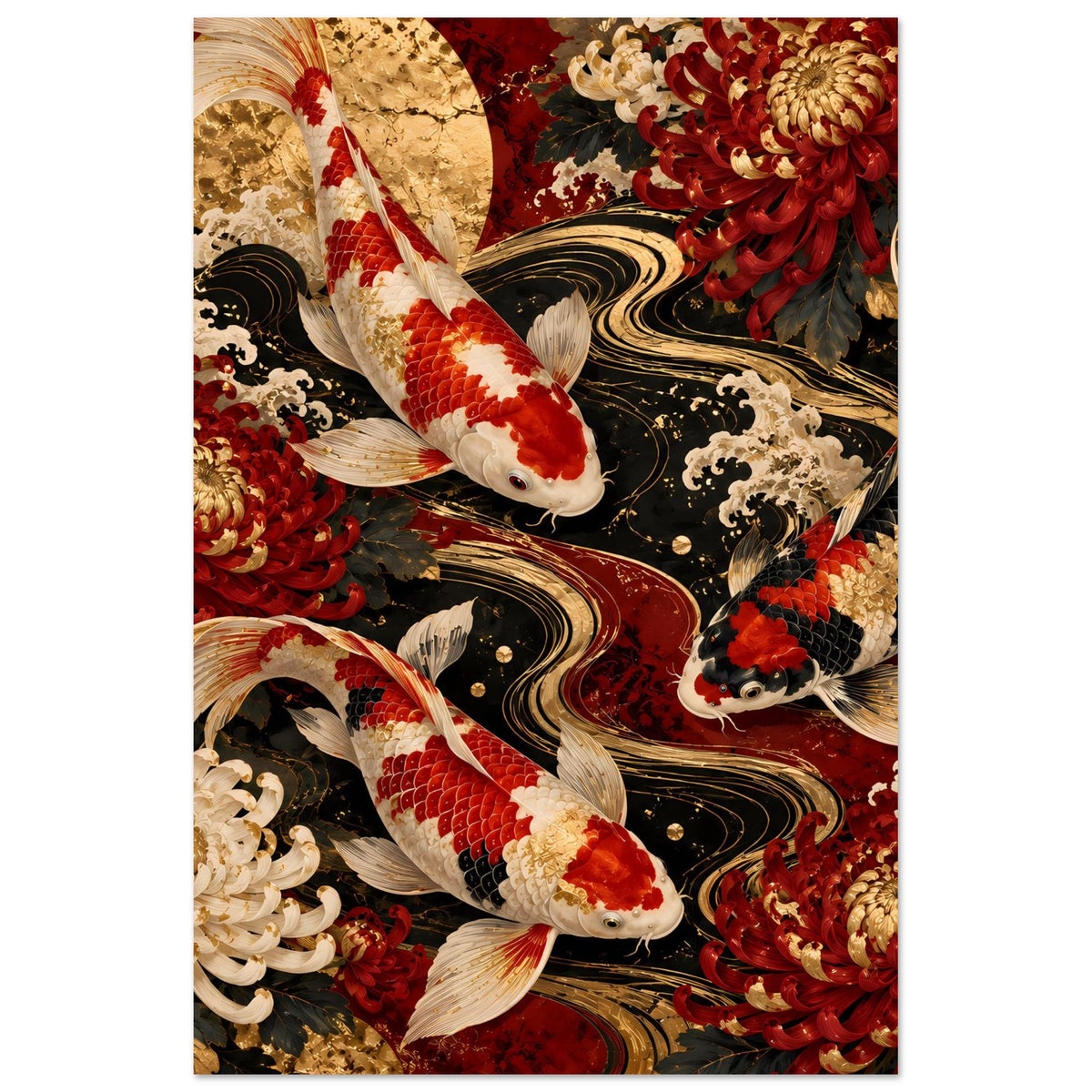Koi-Karpfen Poster mit goldroten Blumen, schwarzer Wasserwellen-Optik und drei Fischen