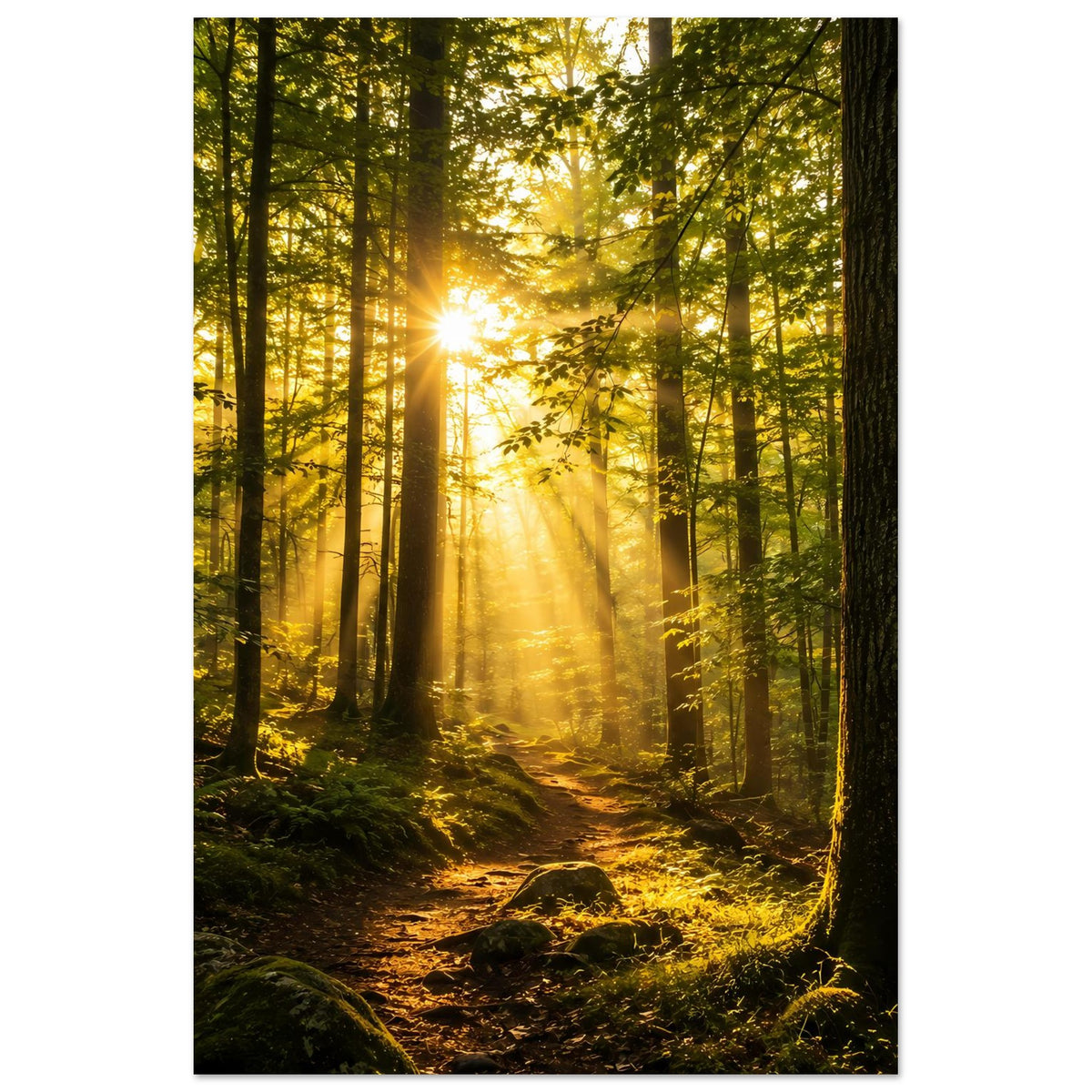 Hochformat-Wandposter: Waldlandschaft zum Sonnenaufgang mit hellen Strahlenbündeln