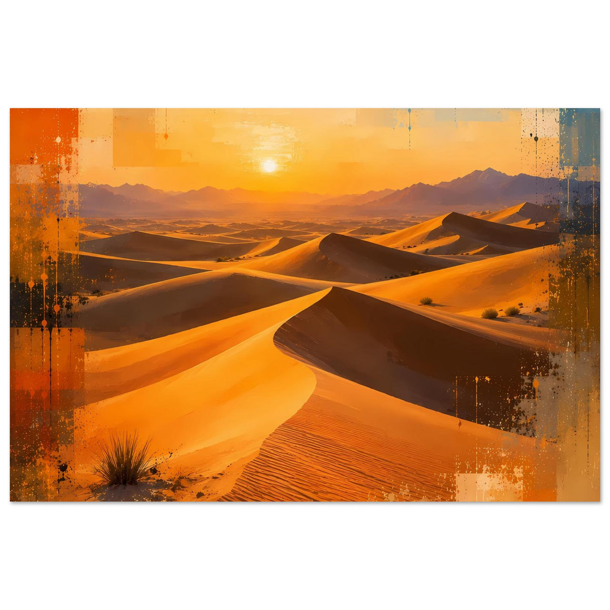 Wüstenlandschaft-Poster im Querformat: Sonnenuntergang über Dünen, Farbflecken und Struktur