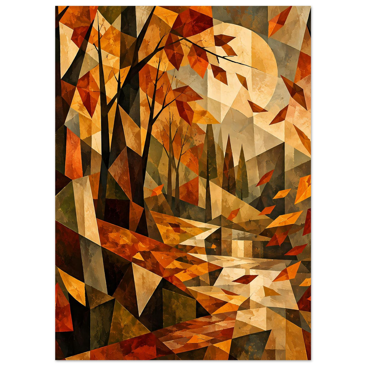 Kubistisches Herbstlandschafts-Poster: hohe Bäume, große helle Sonne, orange-braune Dreiecke