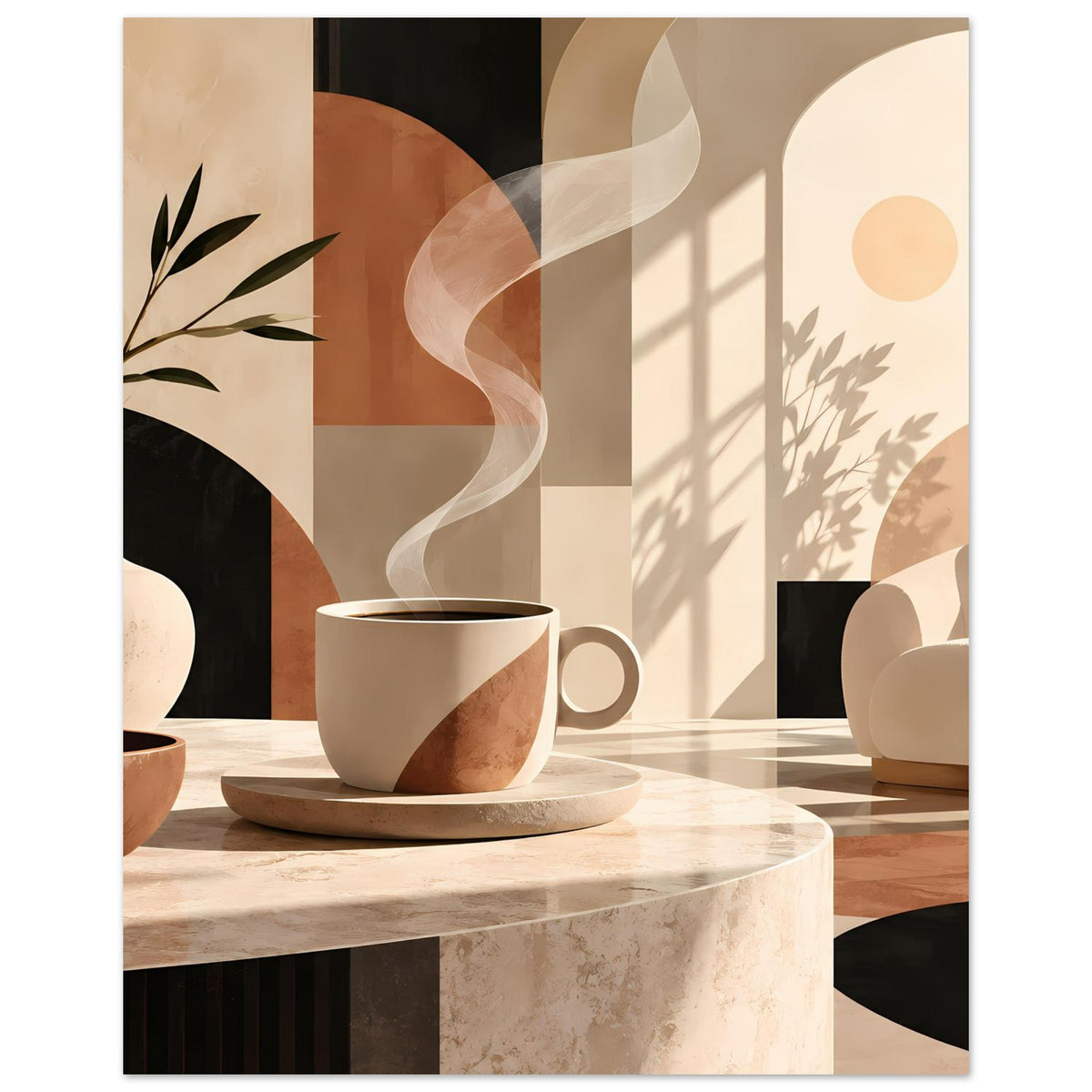 Gerahmtes Poster: Tasse auf Marmortisch im warmen Erdtone-Look, Pflanze links, Sofa rechts