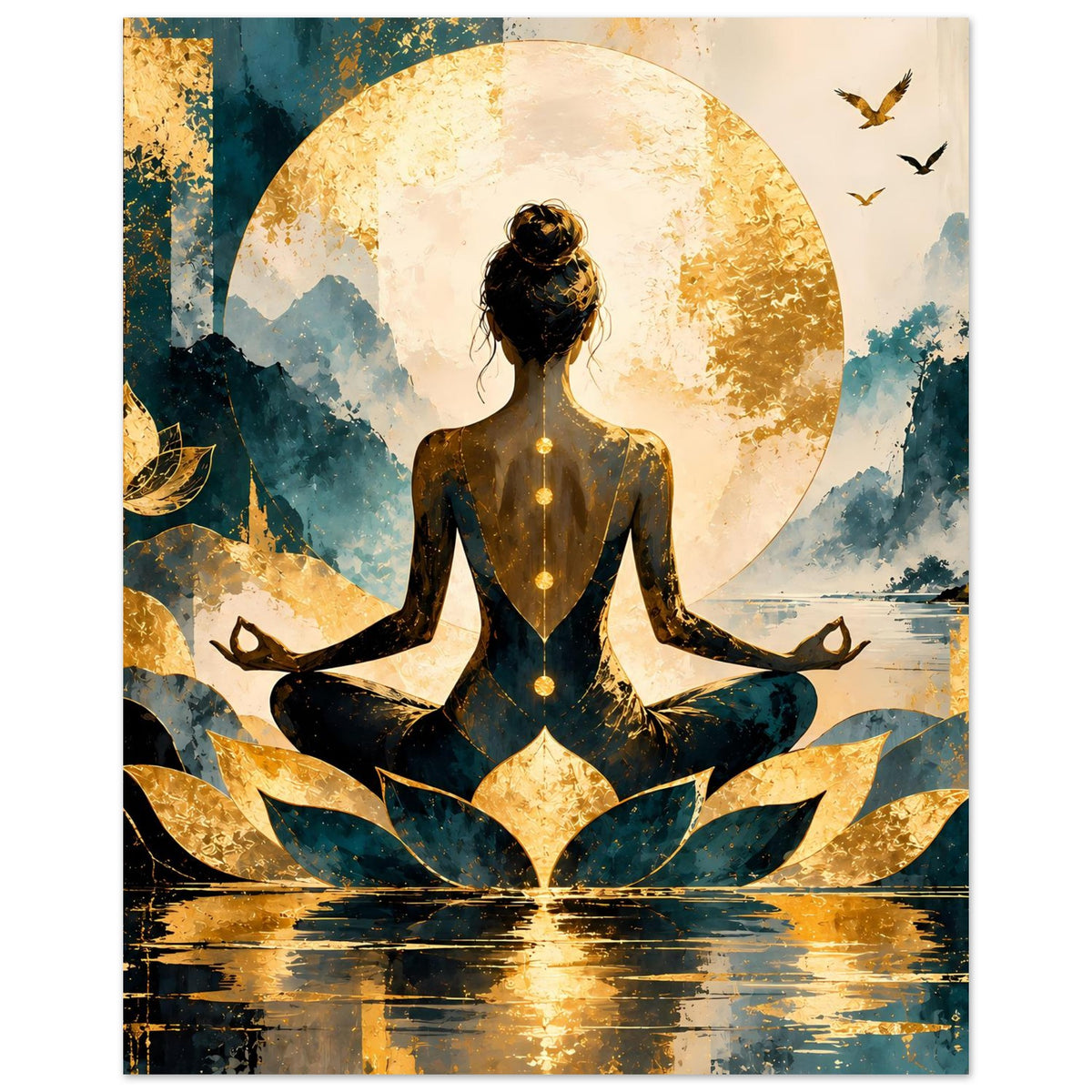 Lotus-Poster, Meditationsfigur vor großer goldener Scheibe, mit goldenen und blaugrünen Lotusblättern