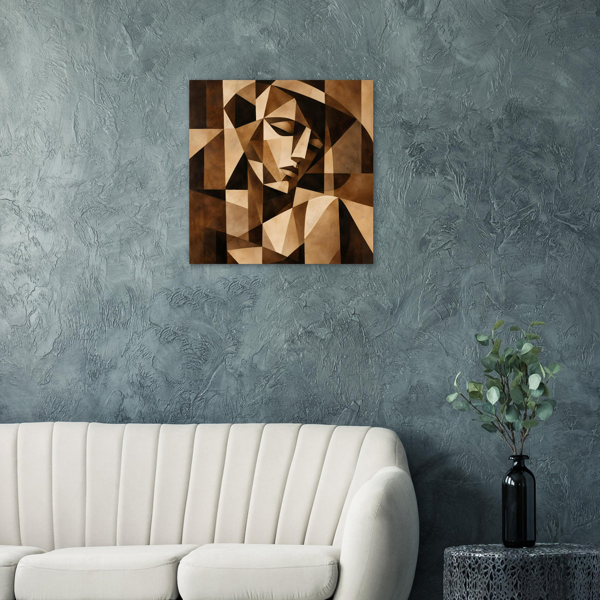 Kubistisches Kunstposter mit geometrischem Gesicht in Braun und Beige