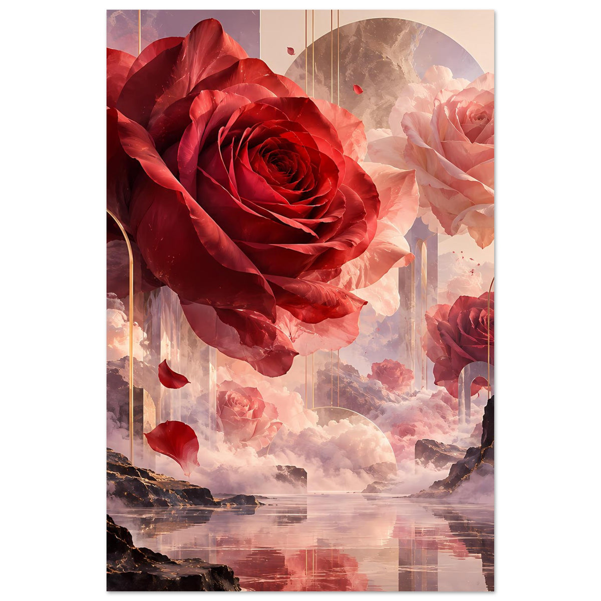 Vertikales Poster mit roter Rose, rosafarbenen Blüten und Wolkenlandschaft