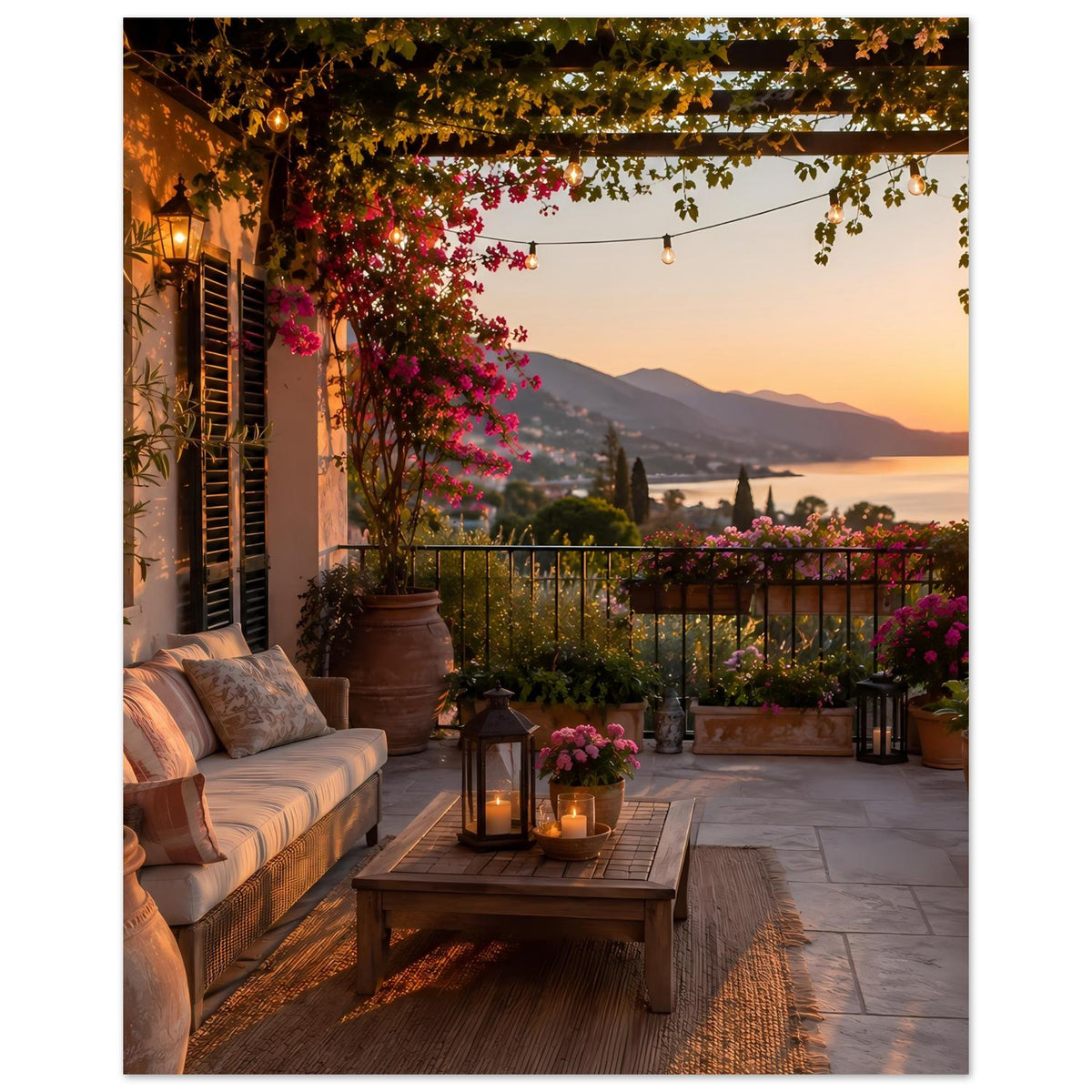 Terrassen-Poster mit Sonnenuntergang, Laterne auf dem Couchtisch, Blumenkästen am Balkon