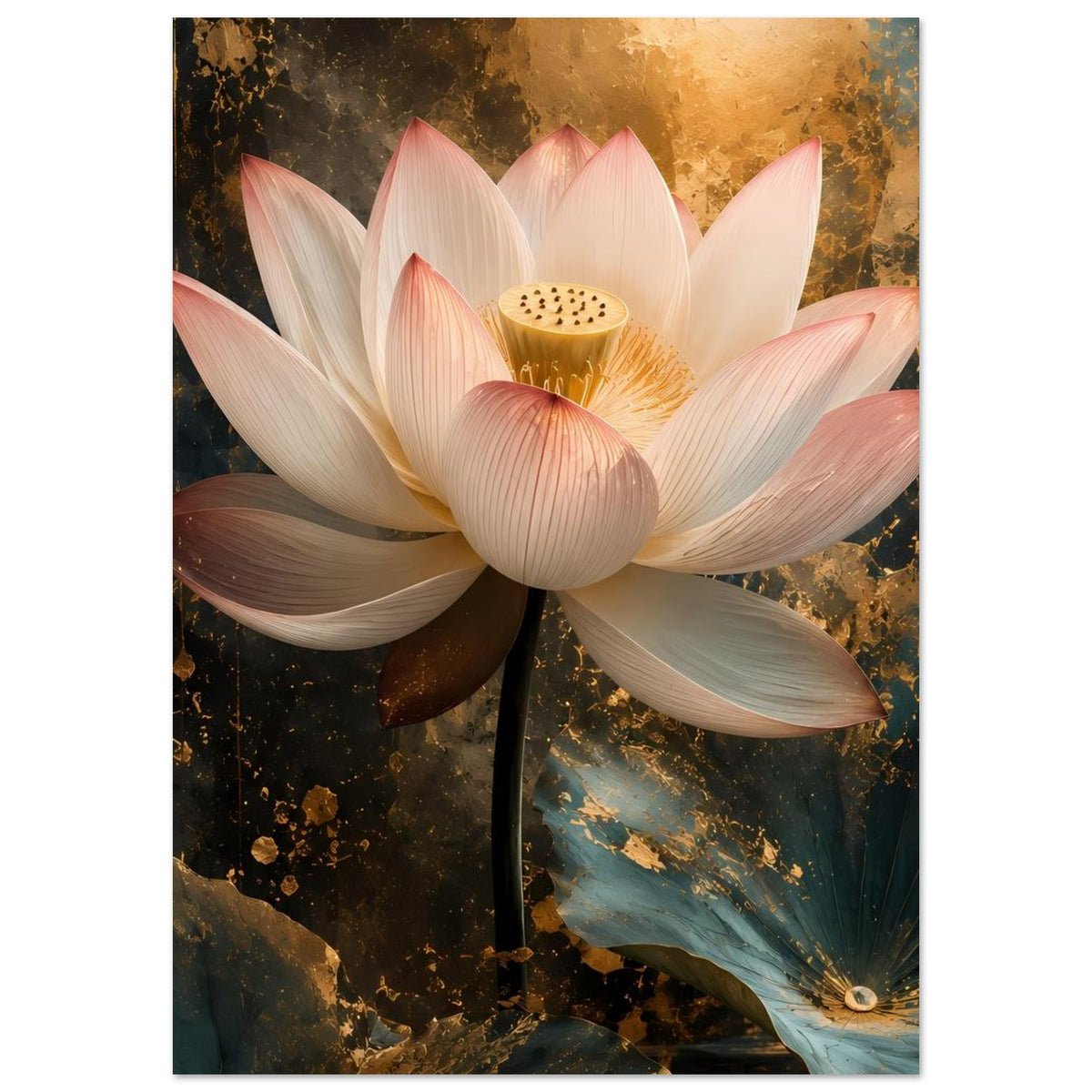 Vertikales Poster: weiße Lotusblüte mit goldener Staubnarbe und rosafarbenen Blattspitzen