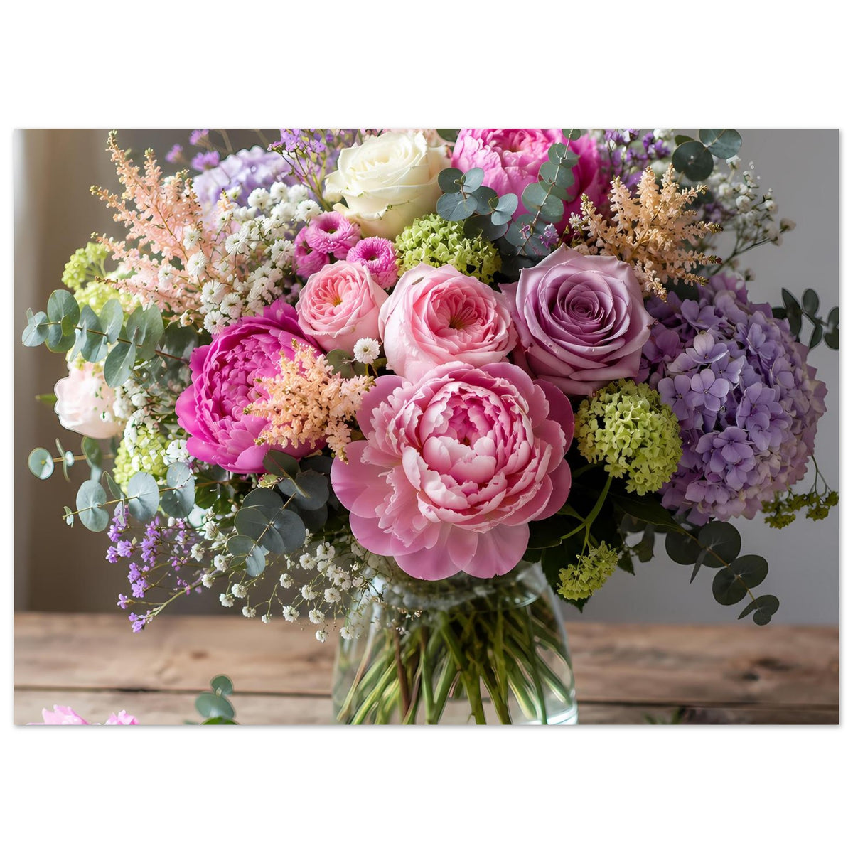 Blumenposter im Querformat mit Pastellrosen und Hortensien in grüner Vase mit Blättern