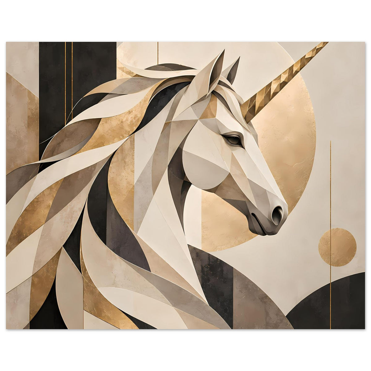 Einhorn-Porträtposter mit stilisierter Mähne und Horn, abstrakte Flächen in Creme, Gold und Schwarz