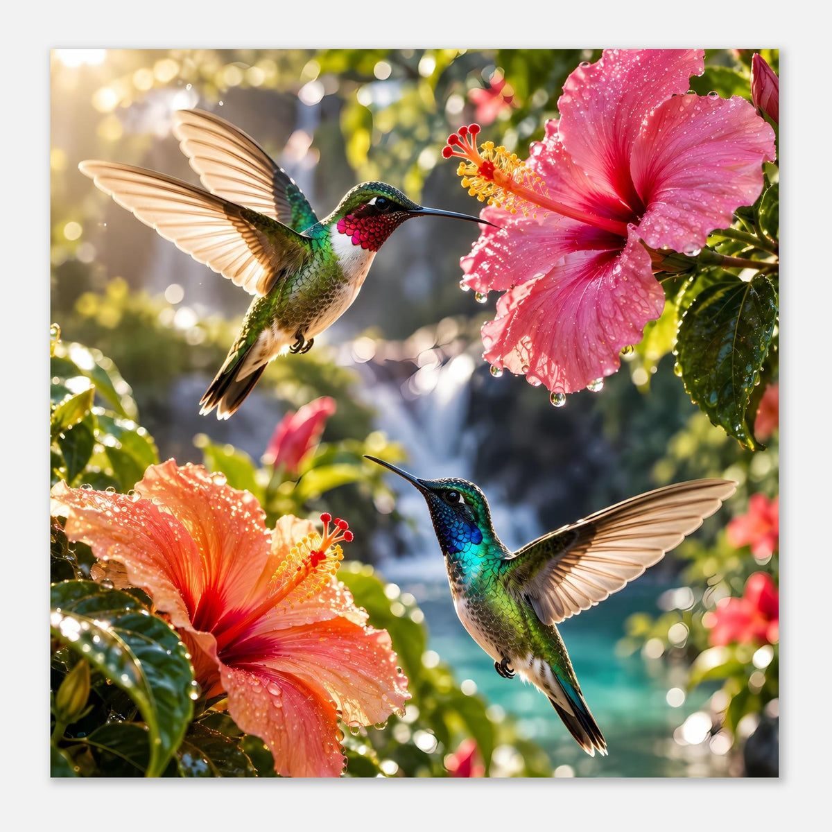 Poster im Hochformat: Kolibris mit großen Hibiskusblüten, rechte Seite stärker betont