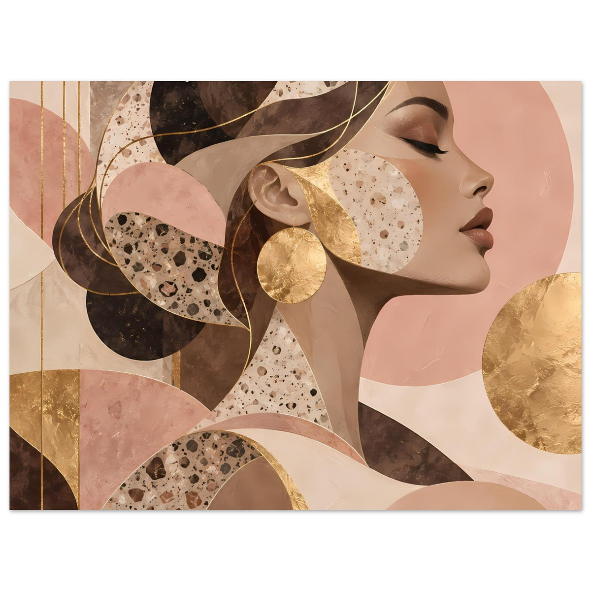 Kunst-Poster mit Frauenprofil-Design, marmorierten Kreisen und goldfarbenen Highlights