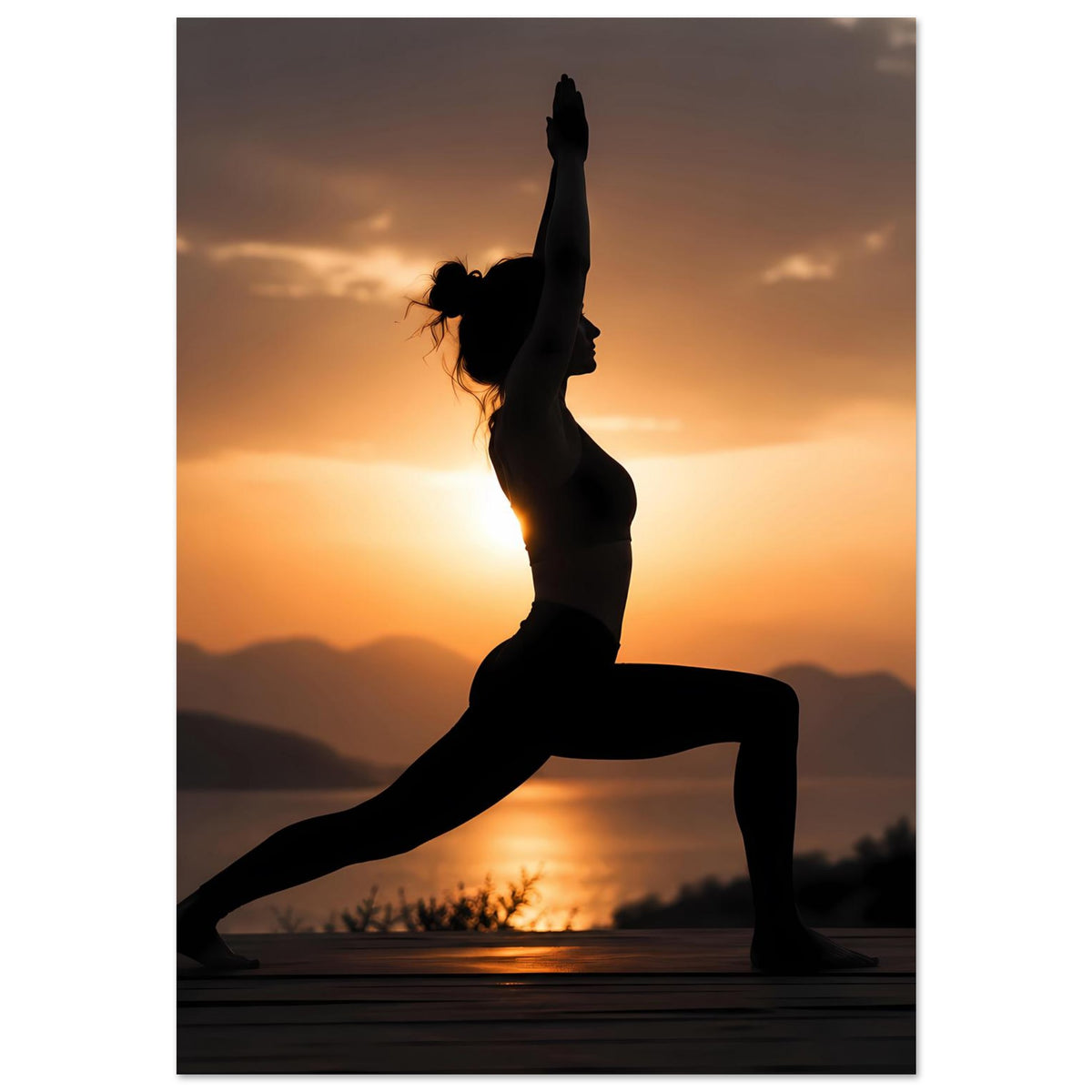 Yoga-Posenposter: Silhouette einer Frau in Ausfallschritt, beide Arme nach oben gestreckt