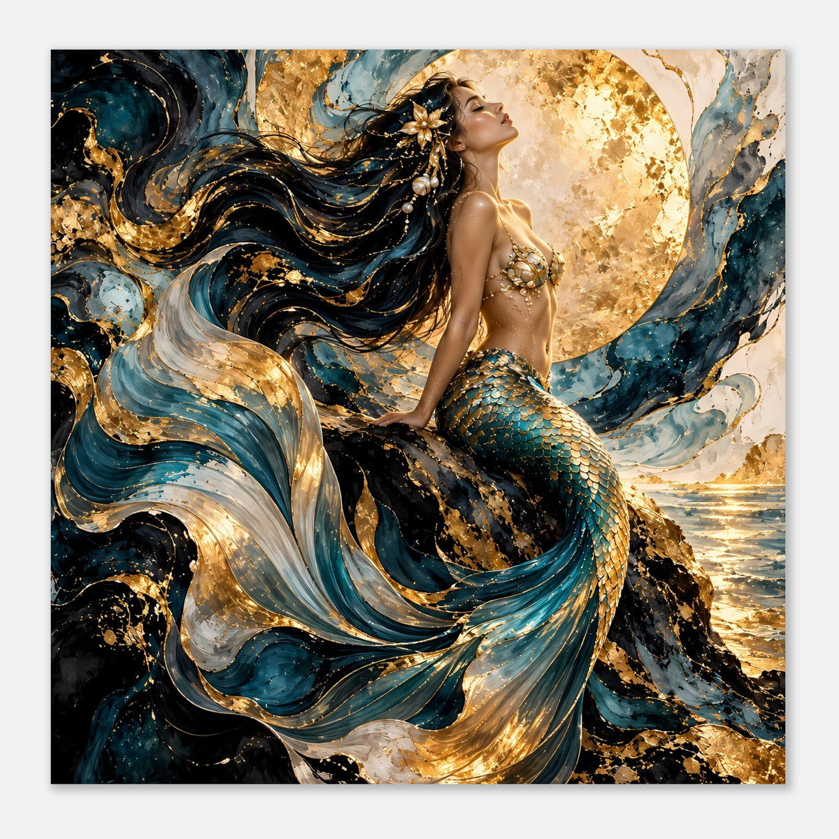 Quadratisches Poster mit Meerjungfrau, schimmernde Haare in Blau-Türkis und Gold