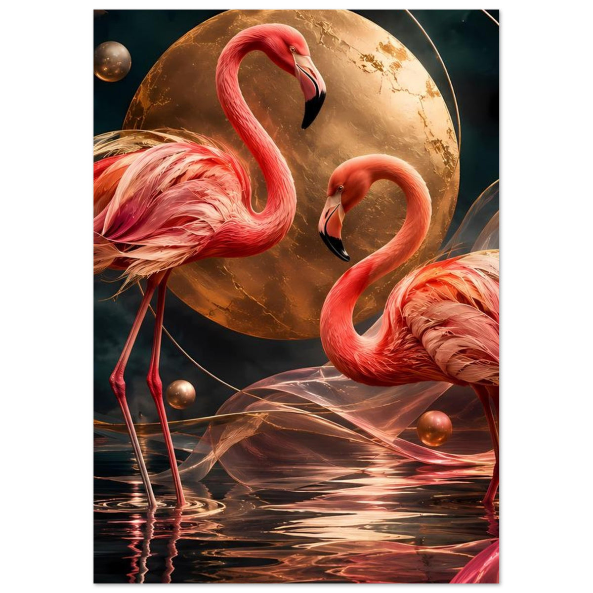 Kunstposter mit zwei rosa Flamingos, goldene Mondkugel und goldene Lichtreflexe