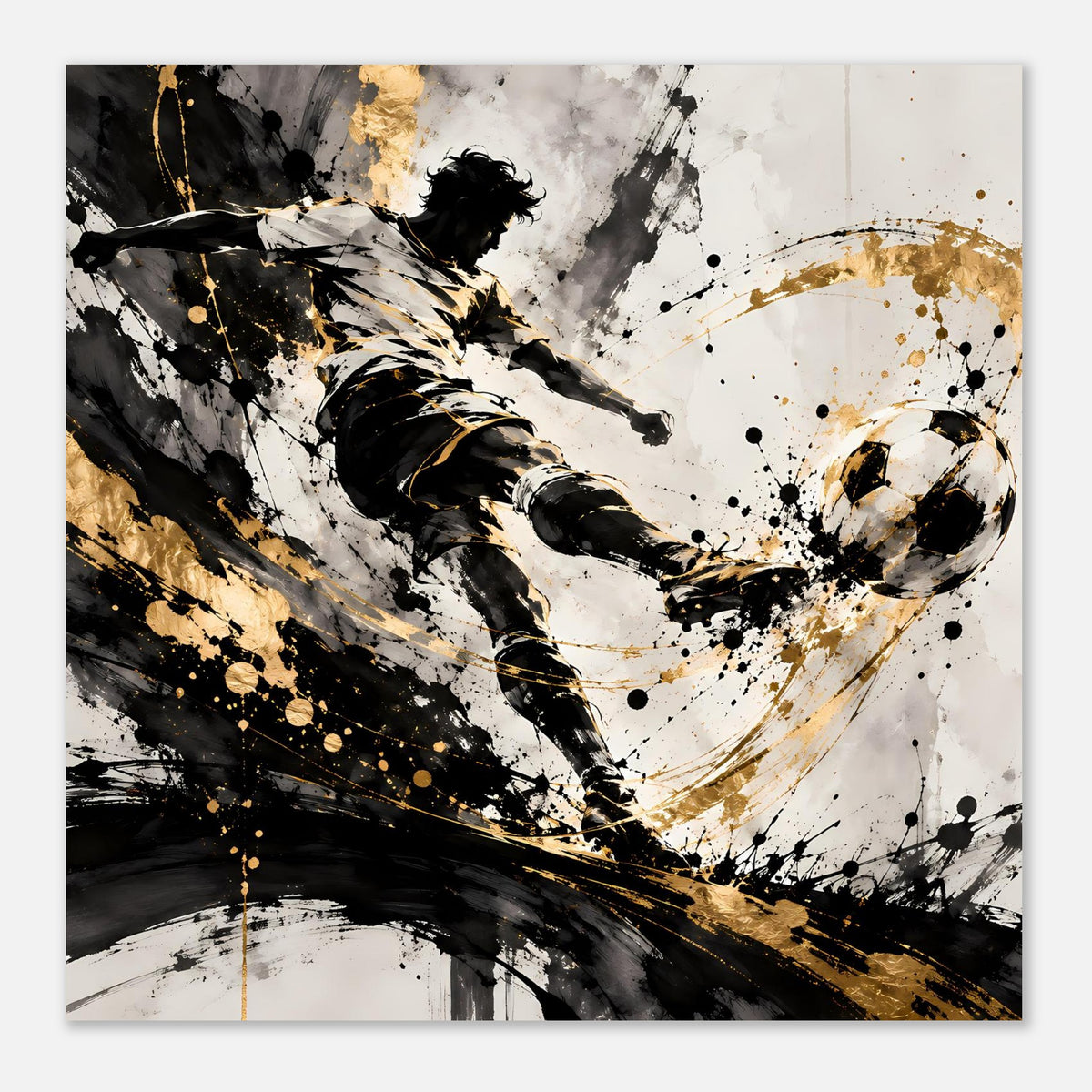 Quadratisches Poster mit Fußballspieler in Schwarz-Gold, dynamischer Schuss mit Farbspritzern