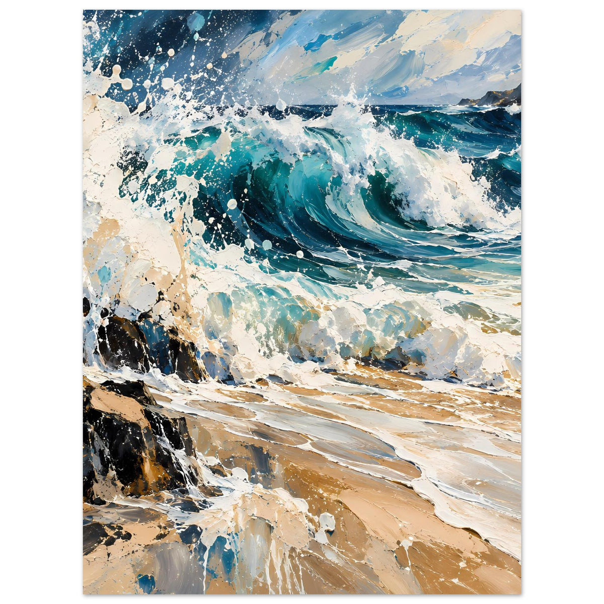 Kunstposter mit Wellenkamm und weißem Schaum, türkisfarbenes Wasser und beiger Strandfläche