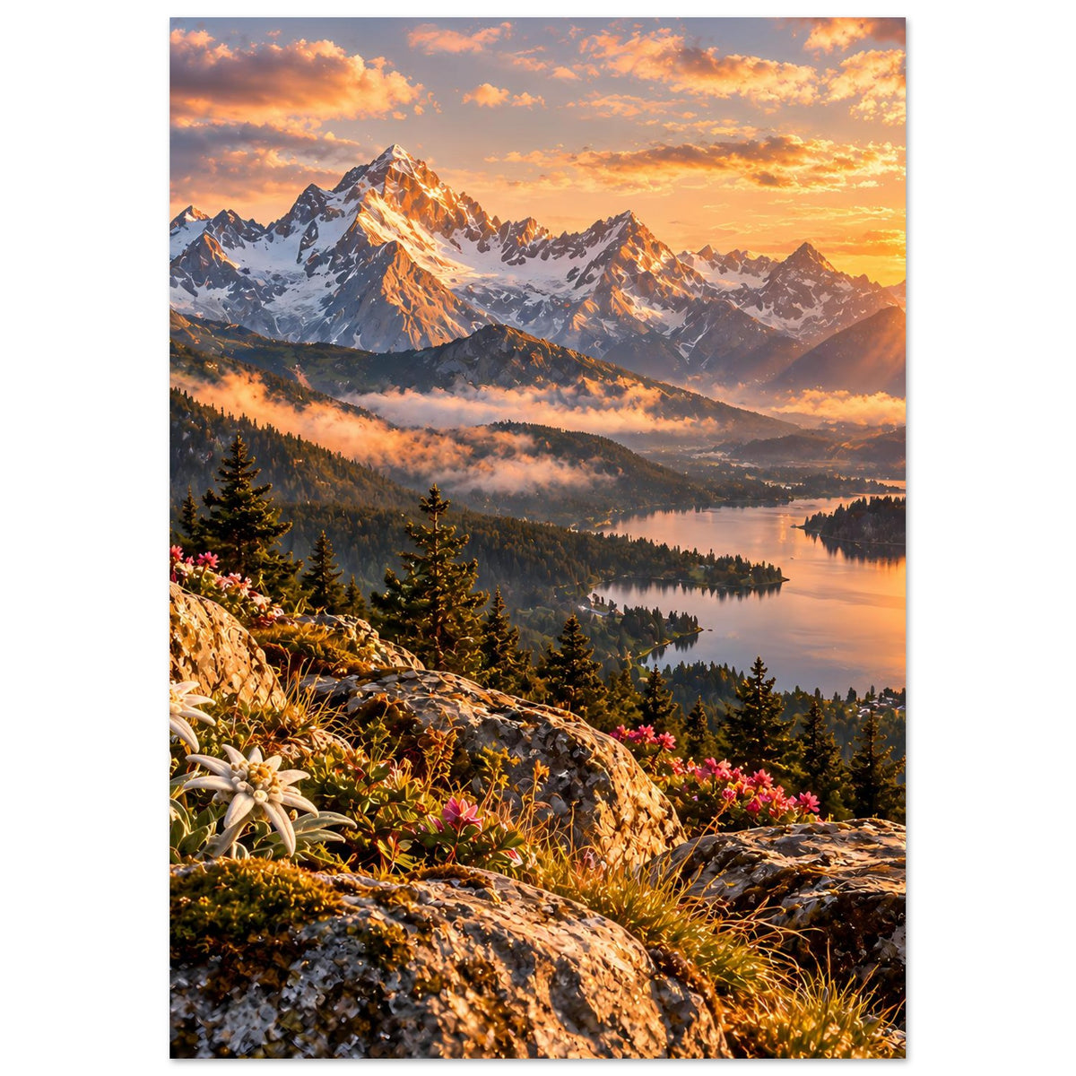 Landschaftsposter im Hochformat: schroffe Felsen mit Blüten, dahinter Berggipfel und See