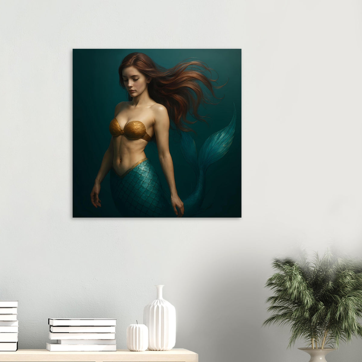 Quadratischer Wanddruck einer Meerjungfrau in Teal mit goldenem Oberteil