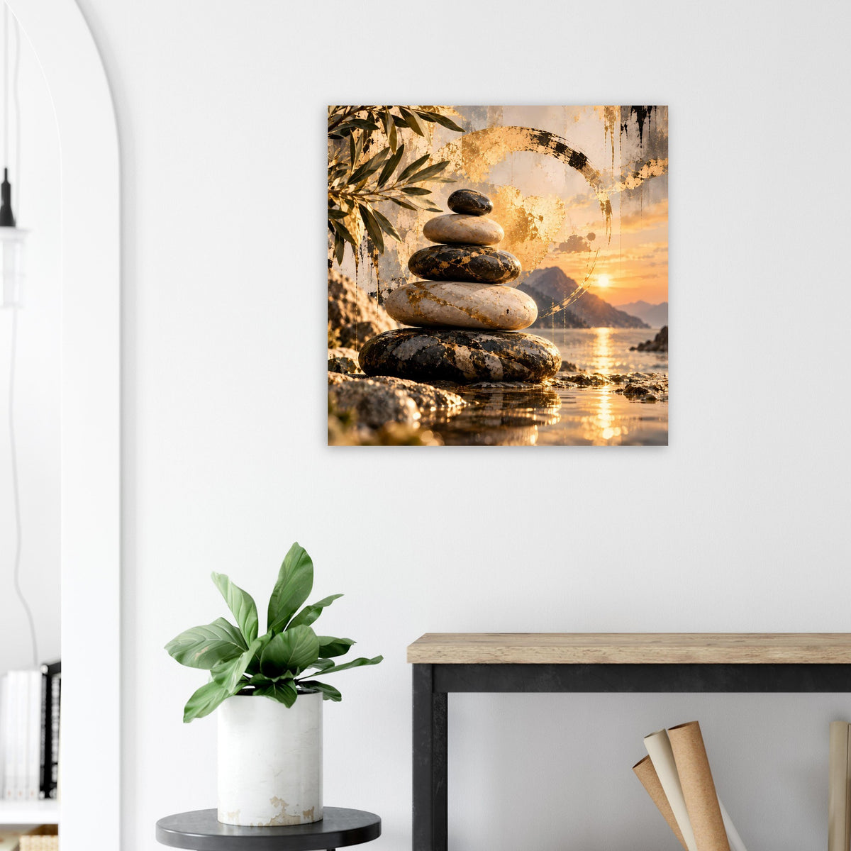 Zen-Harmonie-Poster: Steinturm auf Wasserfläche, orange-goldener Sonnenuntergang