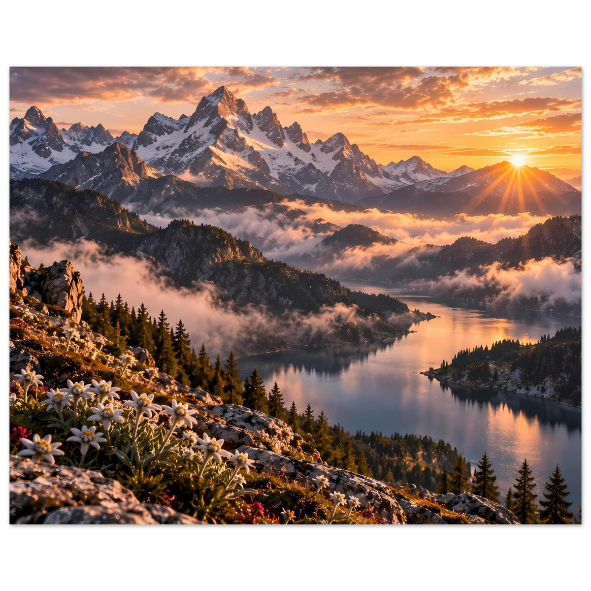 Alpenposter mit Sonnenaufgang über Bergkette, spiegelndem See und Blumen am Fels