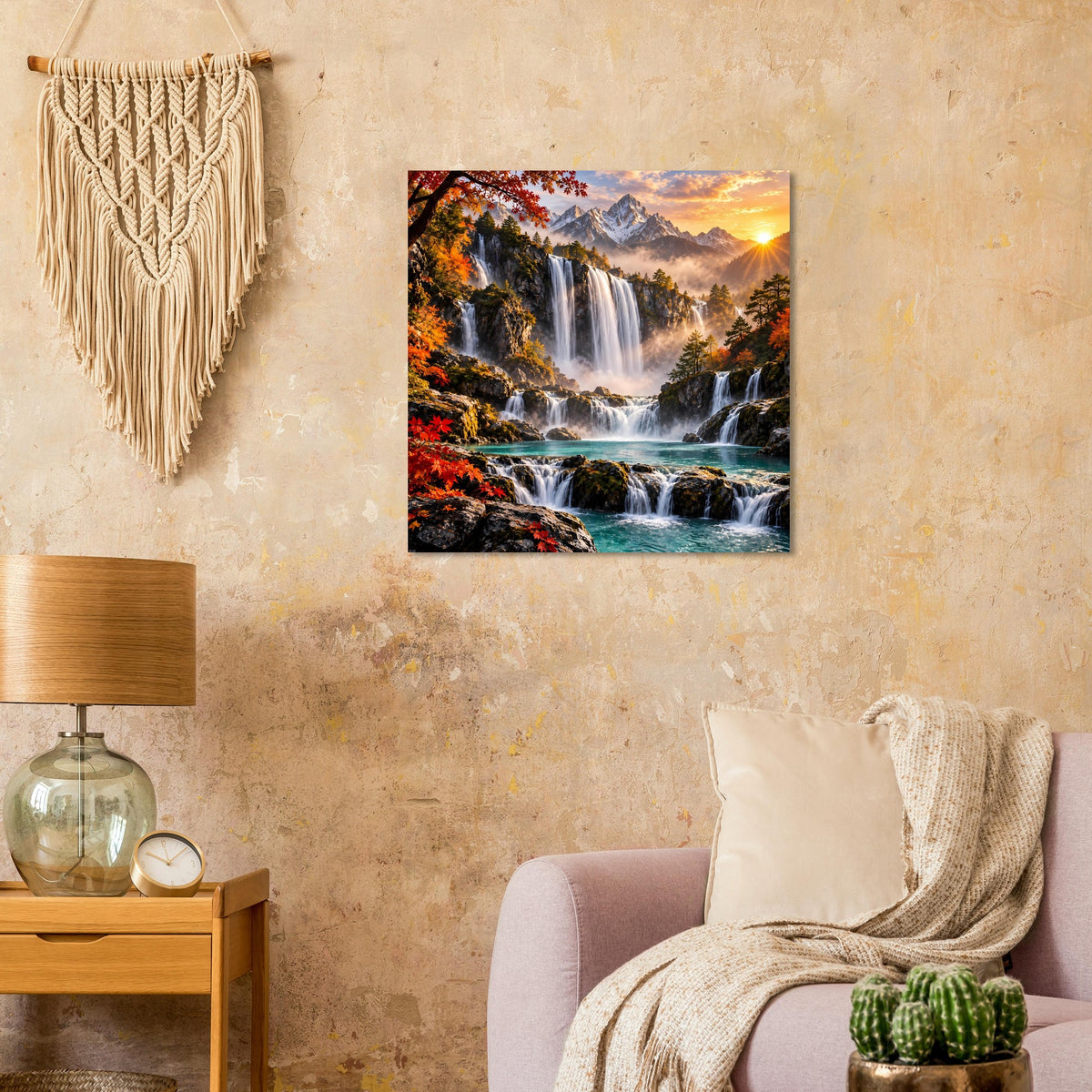 Quadratisches Wandposter mit Wasserfällen, Gebirge und Herbstbäumen im Sonnenuntergang