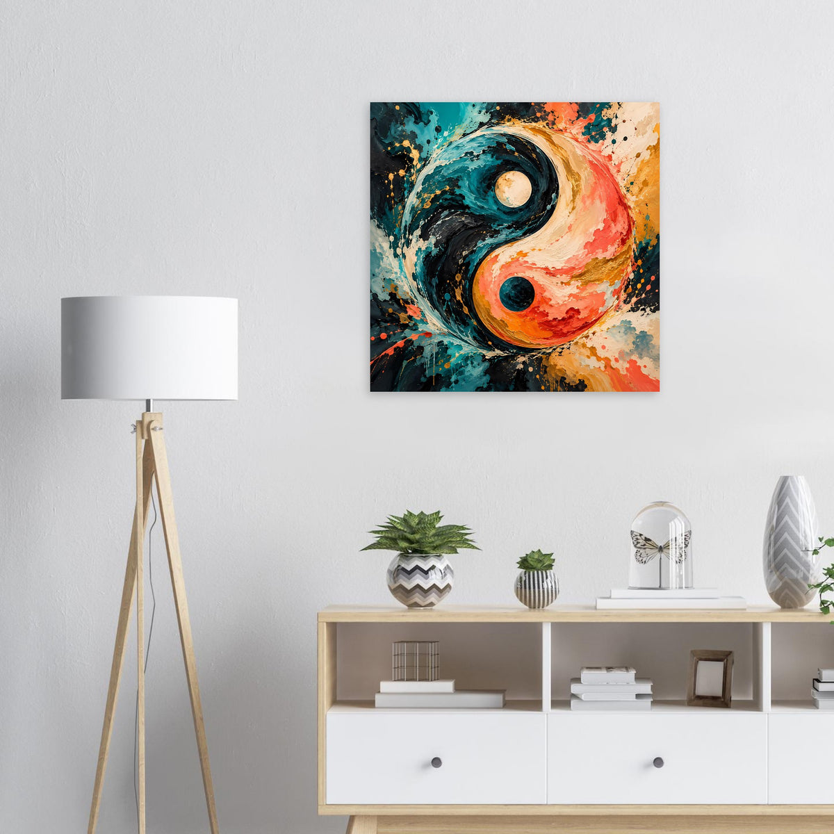 Quadratisches abstraktes Yin‑Yang‑Poster mit türkis-schwarzen und orangefarbenen Farbspritzern