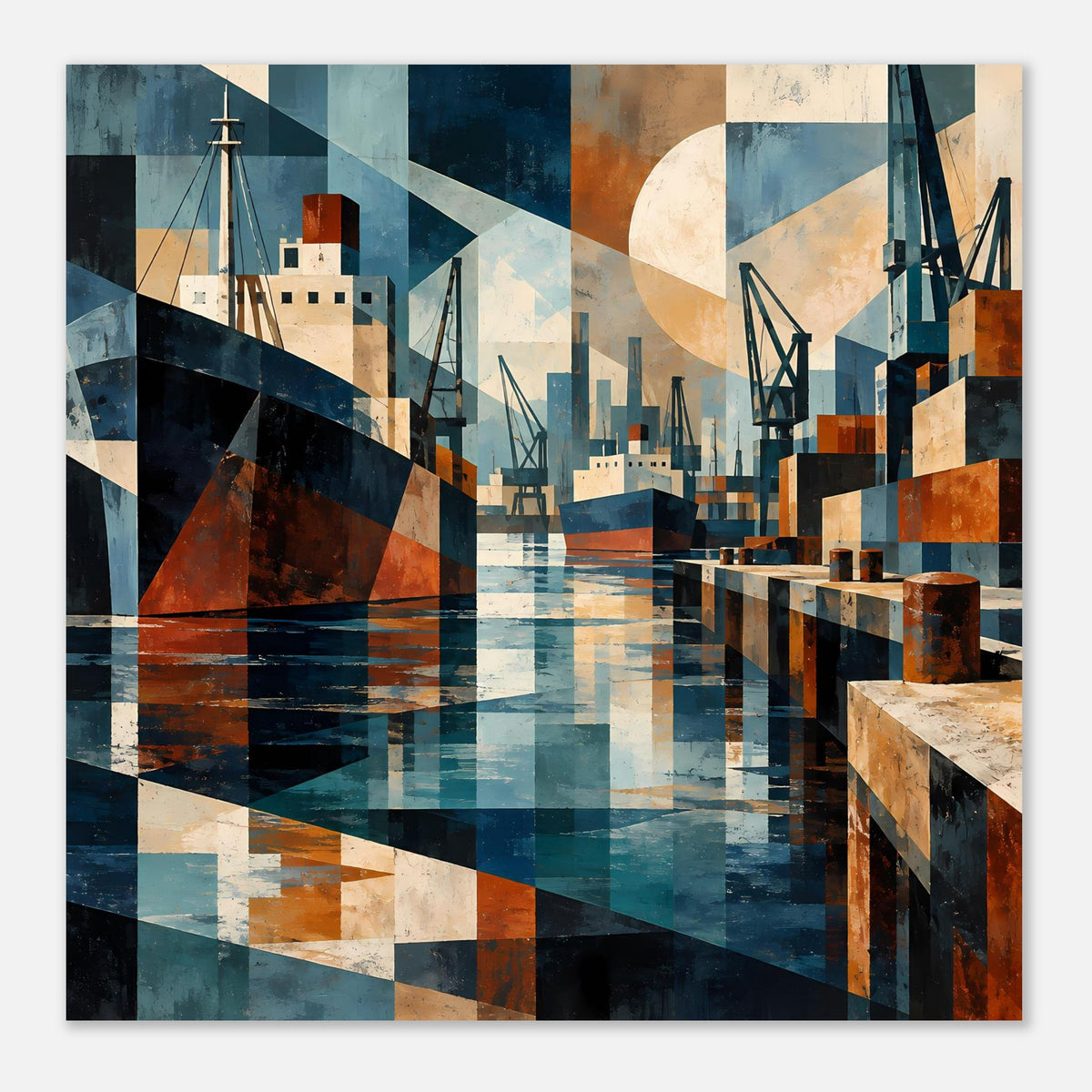Hafen-Poster, quadratisches Motiv mit abstraktem Wasser und Hafenkränen, Blau und Erde