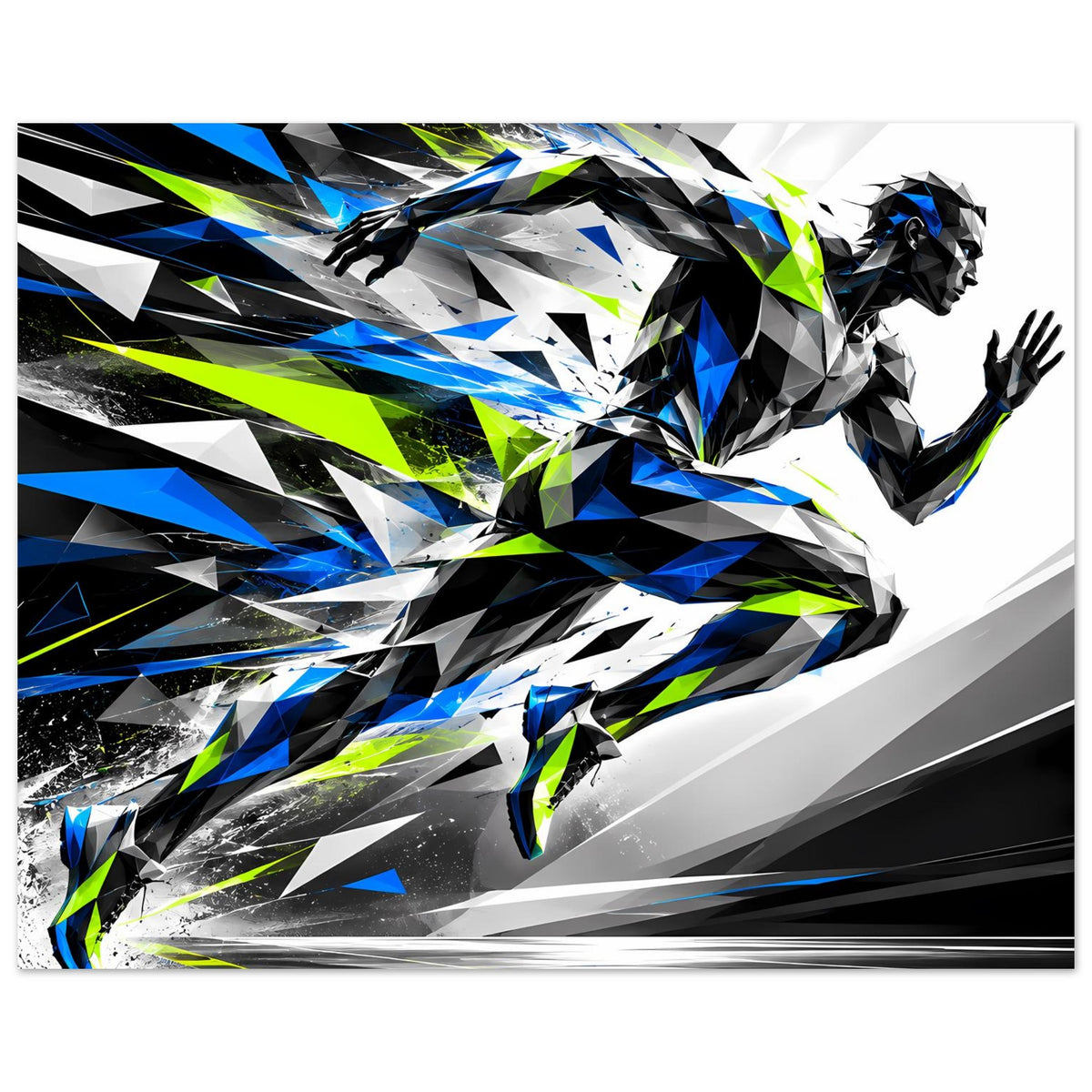 Laufkunst-Poster im Querformat mit Läuferfigur, schnelle Streifen in Blau, Schwarz, Neon-Grün