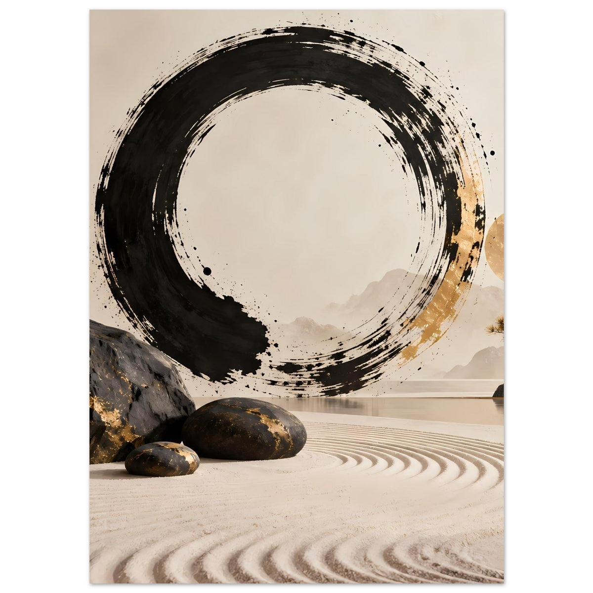 Schwarz-goldenes Zen-Wandbild mit schwungvollem Pinselstrich