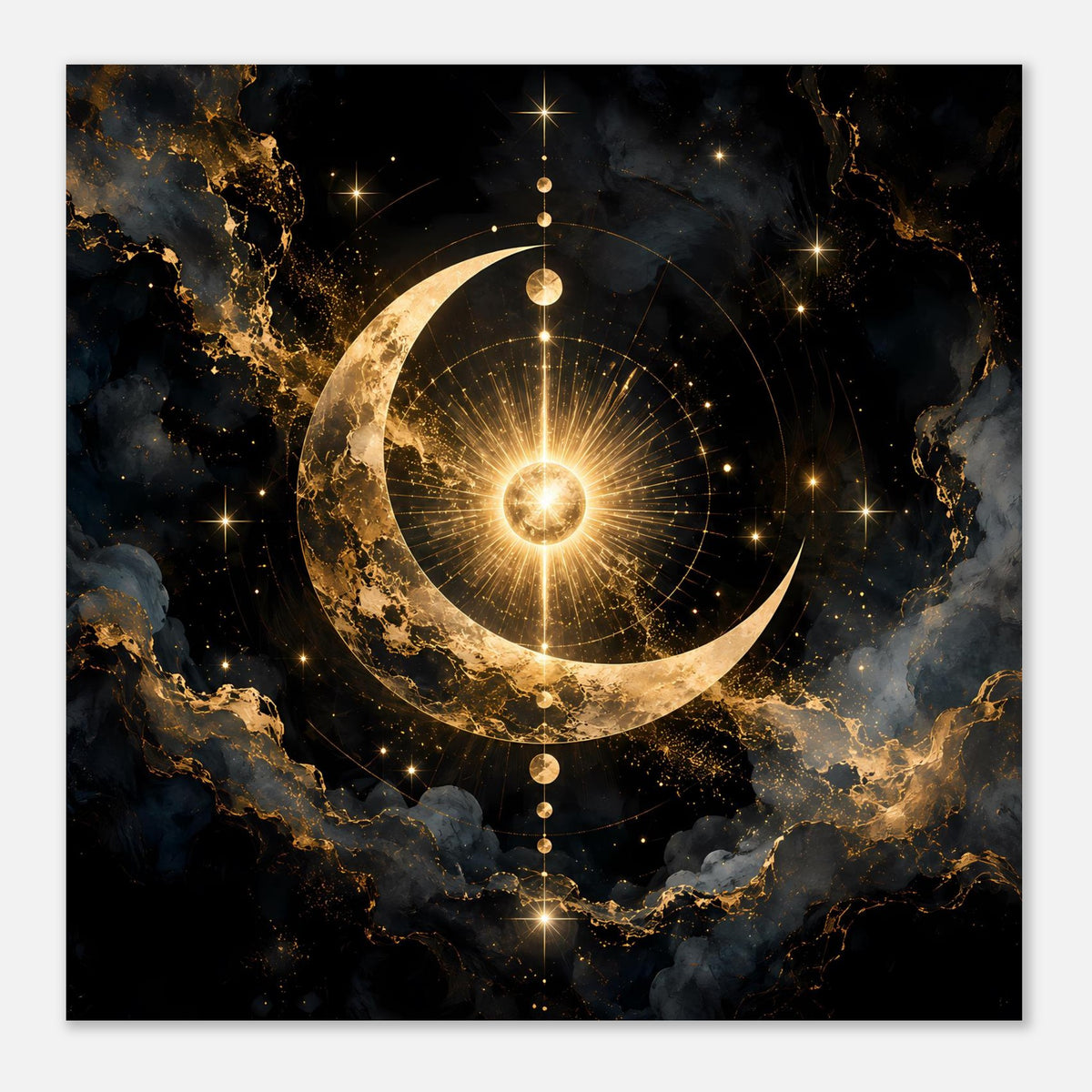 Quadratisches Wandposter mit goldener Mondsichel, Sternen und leuchtendem Kreiszentrum