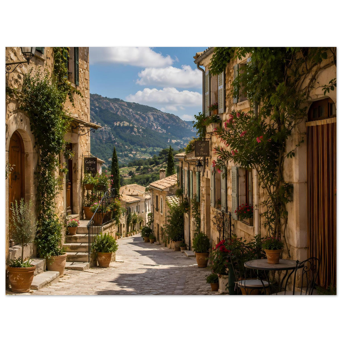 Mediterranes Poster: Gasse zwischen Häusern mit Blumentöpfen und Blick auf Berge