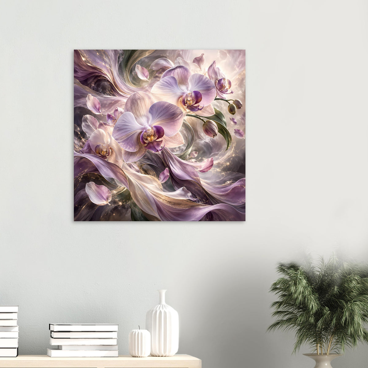 Orchideenblumenposter im Rahmen: violette und cremefarbene Orchideenblüten im Wirbel