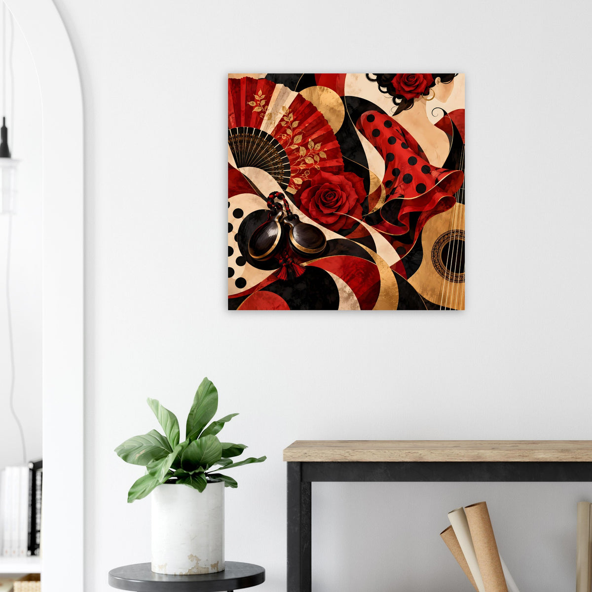 Quadratisches Poster mit rotem Rosenmotiv, Fächer-Elementen und schwarzem Polka-Dot-Muster.