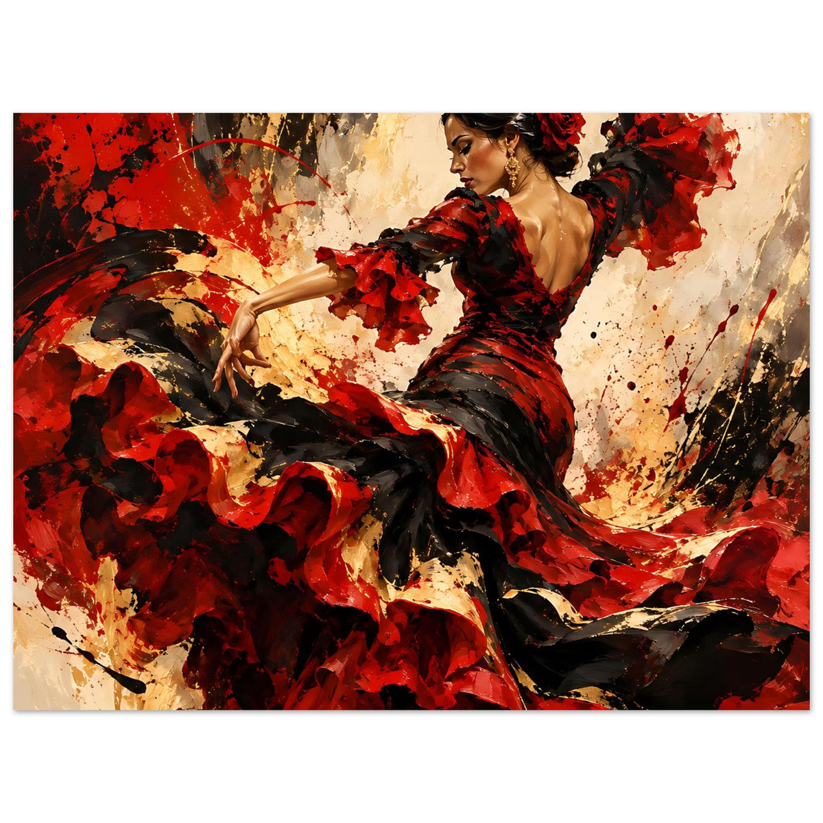 Poster einer Flamenco-Tänzerin im roten und schwarzen Kleid, Nahansicht, Rockfalten und Arm nach oben