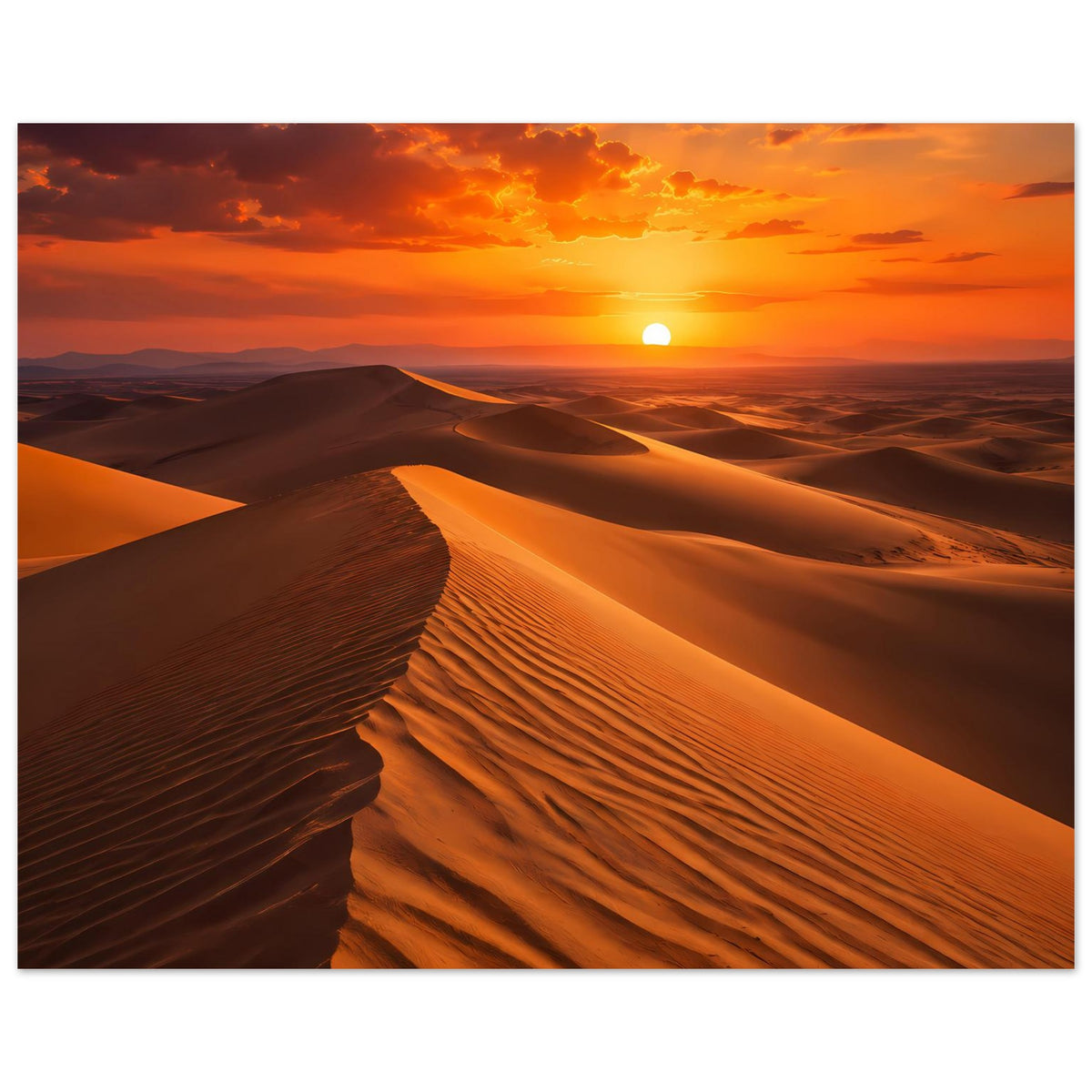 Poster mit Wüstendünen und Sonne am Horizont, orange Himmel und helle Sandlinien