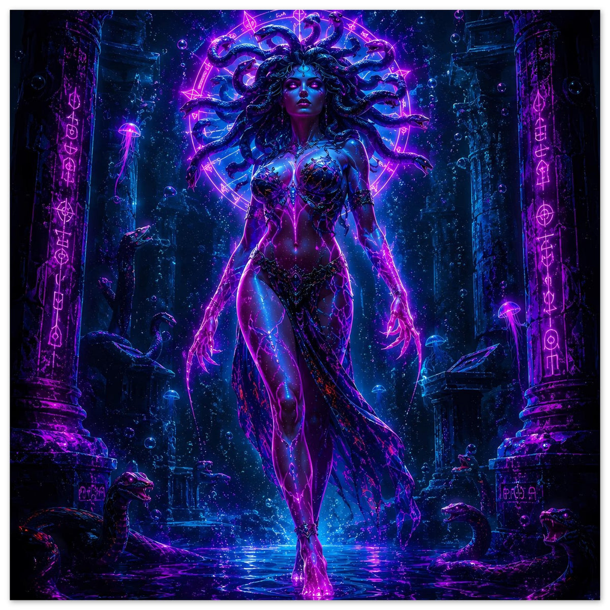 Poster mit Medusa-Figur in violettem Neon, rundem Lichtkranz, Säulen, Wasseroberfläche im Bild