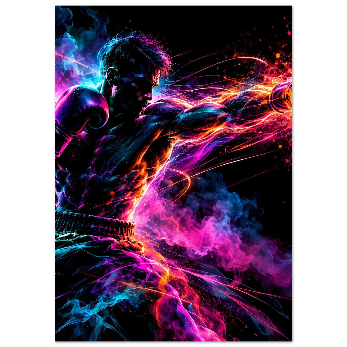 Neon-Boxer-Poster im Hochformat mit schwarzem Rand: Boxmotiv mit neonfarbenen Lichtschweifen.