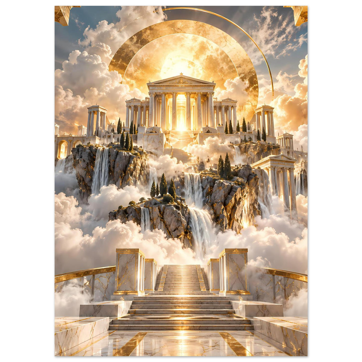 Poster: goldener Tempel im Rundbogen, umgeben von Wolken, Wasserfällen und Treppenanlage