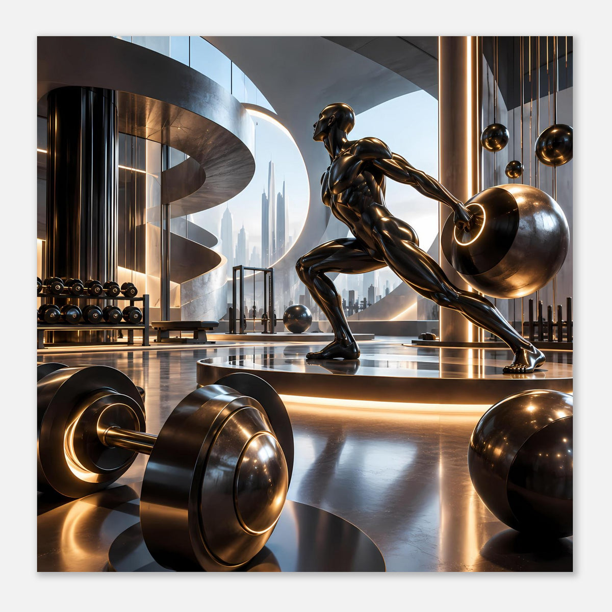 Fitnessposter: Bronzefigur beim Hantelheben und mehrere goldene Gewichte auf der Bühne
