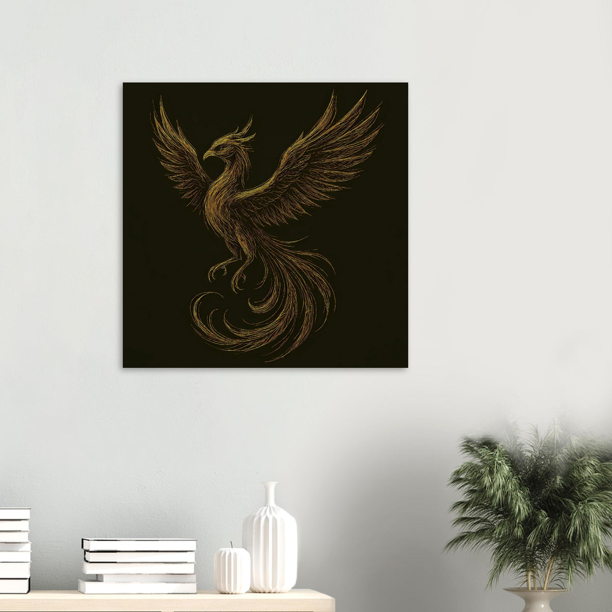 Quadratisches Poster: goldener Phönix mit ausgebreiteten Flügeln auf schwarzem Hintergrund.
