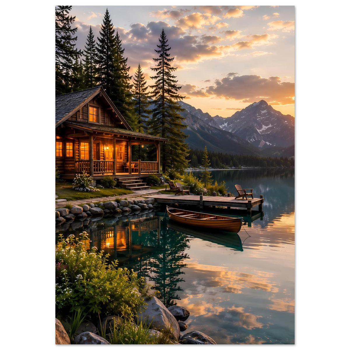 Poster: Blockhütte am See bei Dämmerung, Boot am Steg, Bergkulisse und Tannen auf mattem Papier