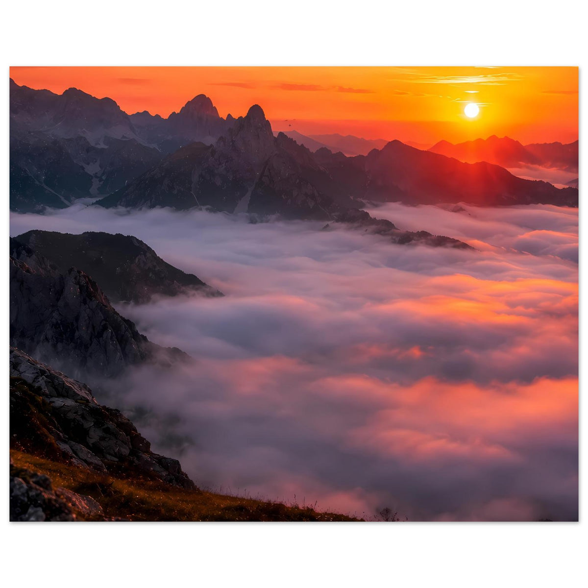 Horizontales Berglandschafts-Poster mit orangefarbenem Sonnenuntergang über Wolken.